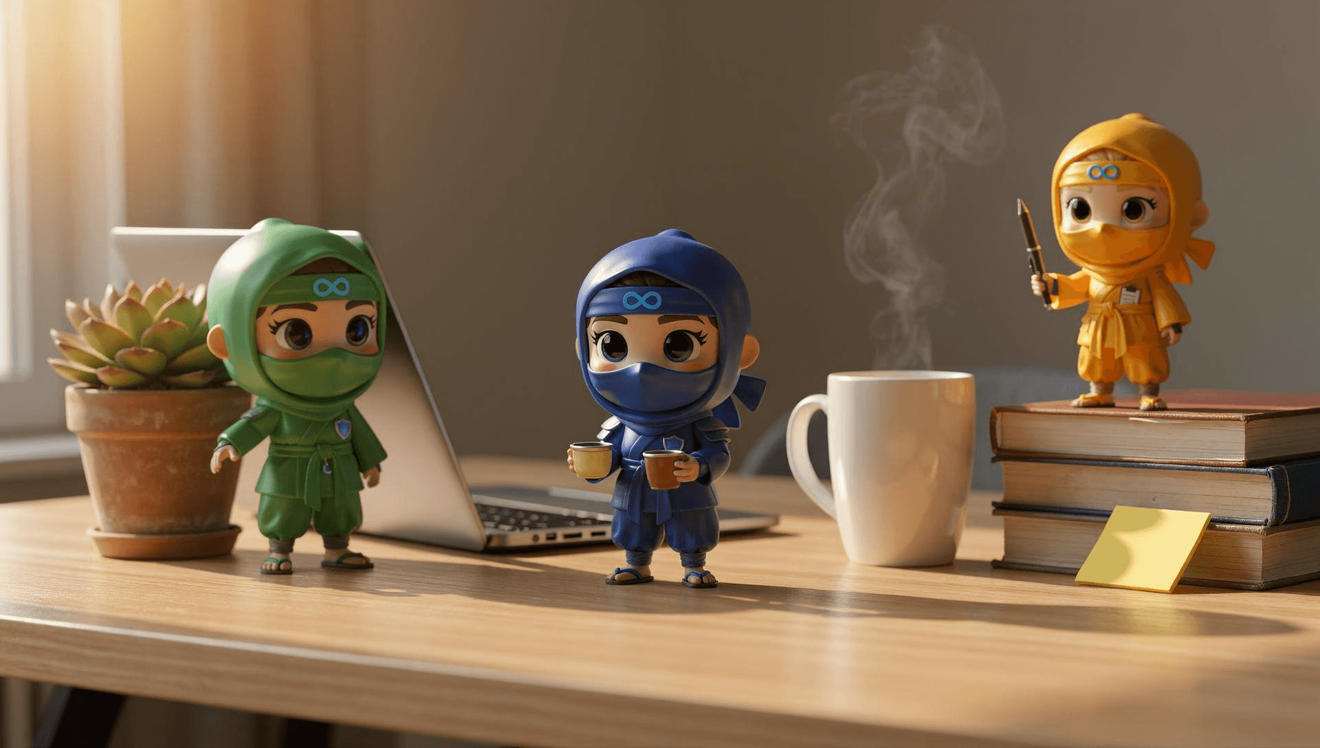 Three AI ninja employees working on a desk